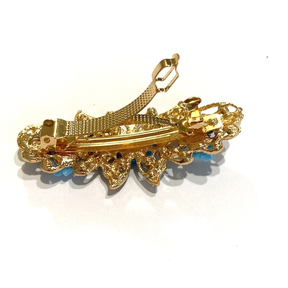 Hair Clip Barrette Butterfly Gold Tone Blue Rhinestones Flowers - Picture 4 of 4